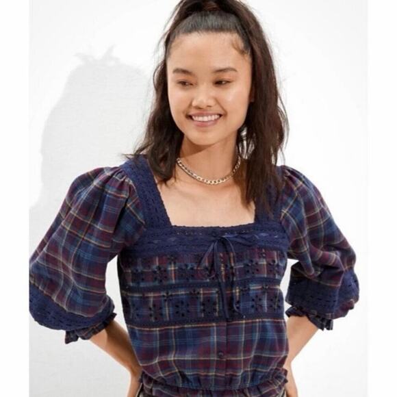 American Eagle Outfitters Tops - NWT American Eagle Navy Plaid Lace Trim Puff Sleeve Peasant Top XS Cottagecore